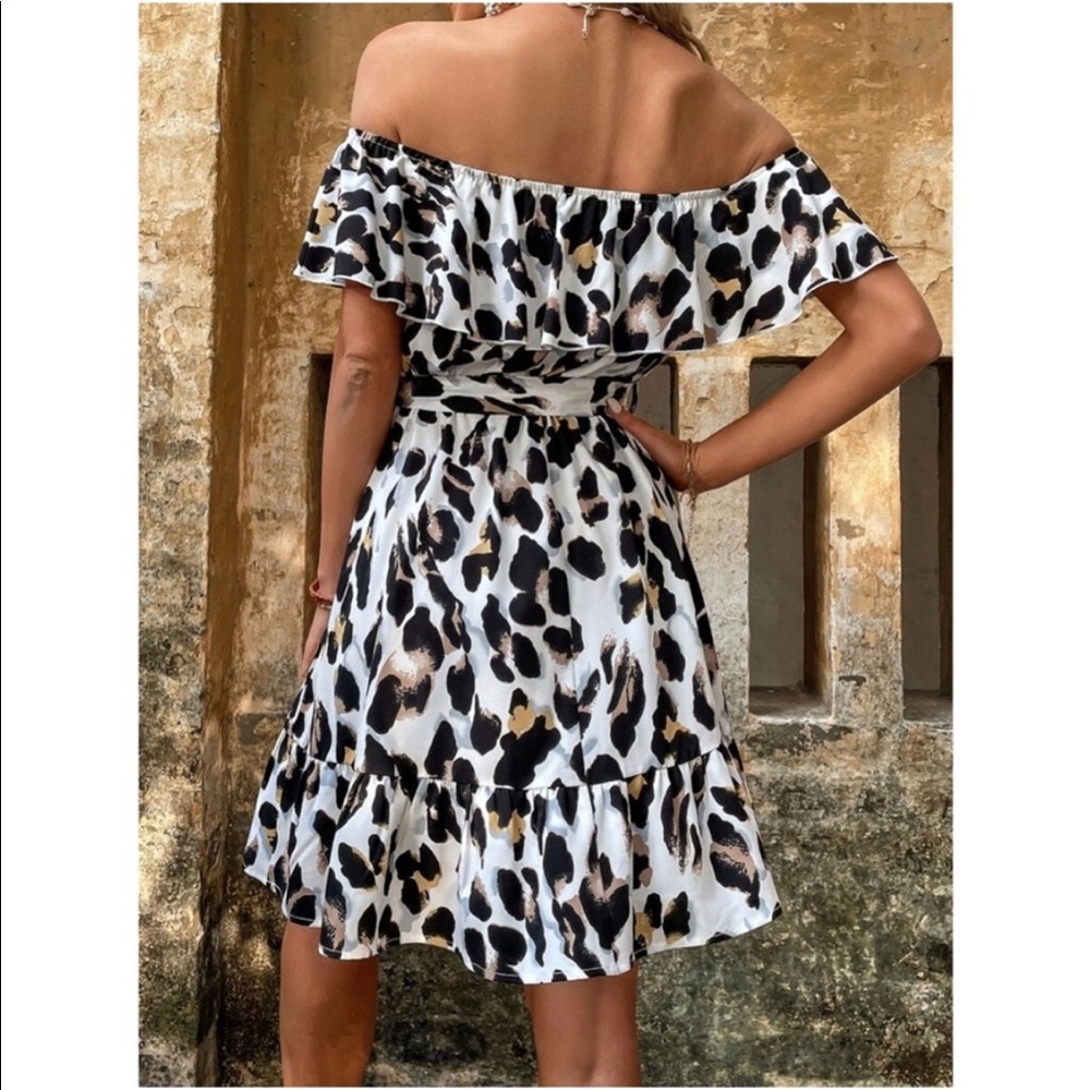 Boho Leopard Print Off Shoulder Ruffle Mini Dress - Picture 3 of 6